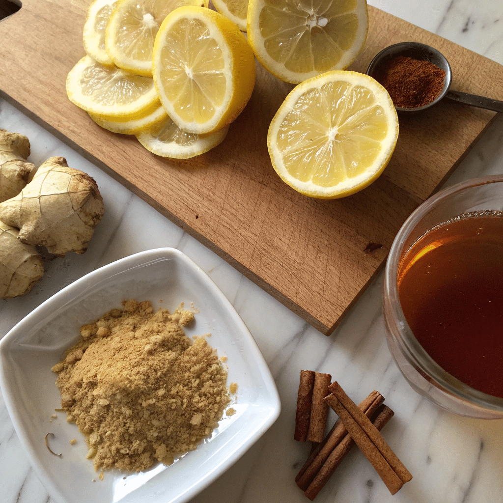 Ingredients for Homemade Mounjaro recipe with lemon, ginger, cinnamon, and honey