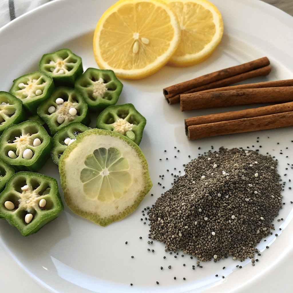 Sliced okra, chia seeds, lemon slices, and cinnamon sticks on a white plate