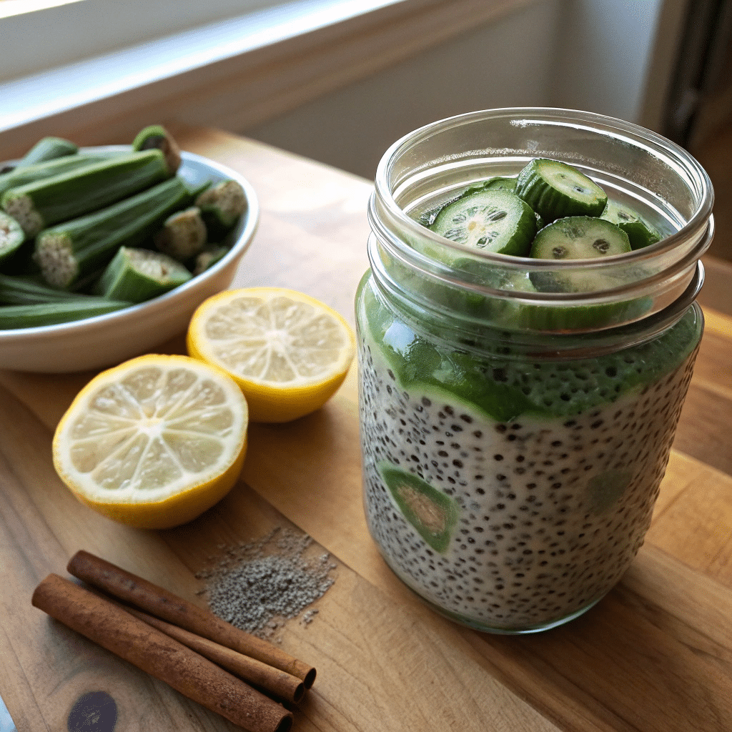 Natural Mounjaro recipe with okra, chia seeds, lemon, and cinnamon in a glass jar