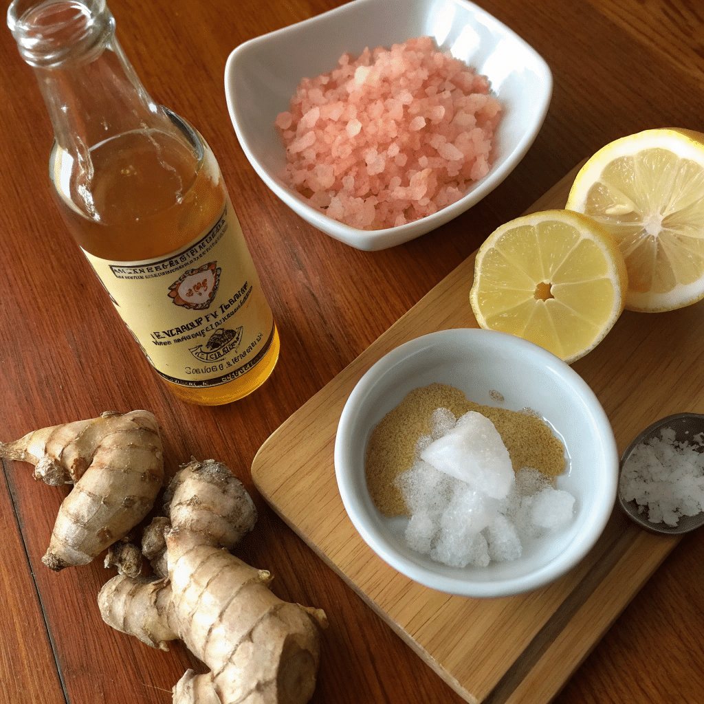 natural Mounjaro recipe for weight loss ingredients — ginger, pink salt, lemon, apple cider vinegar